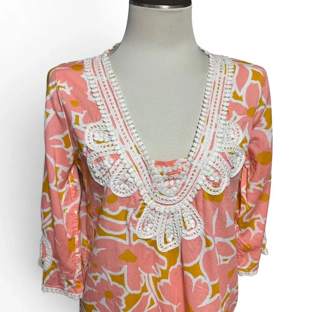 J.Crew Cotton Lace Tunic Cover-Up Top Floral Pink Yellow Mustard Small